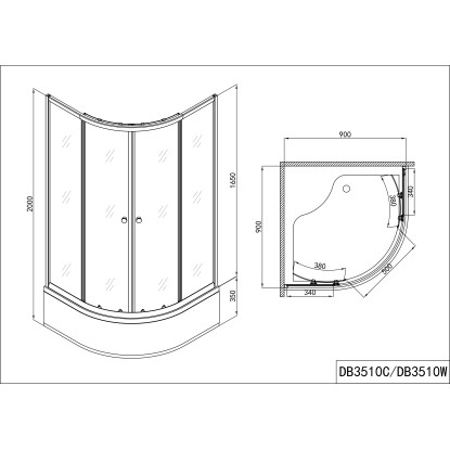 Sanotechnik Polkrožna tuš kabina z visoko kadjo DB3510C 90 cm x 90 cm x 195 cm