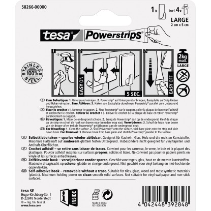 Tesa Samolepilna kljukica jeklo Pravokotna s 4 trakci Powerstrips Large