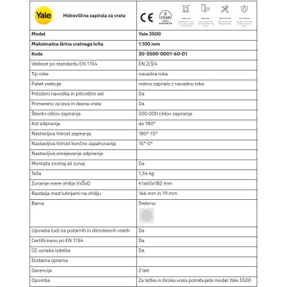 Yale Vratno zapiralo 3500 z navadno roko EN 2/3/4 srebrno