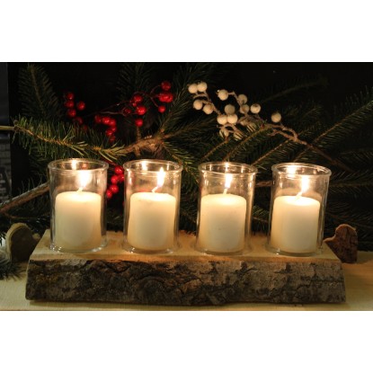 Sunny Garden Lesen pladenj s 4 svečami v steklu na topolovem lesu Ø 8 cm bel