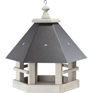 Ptičja hišica s sivo kovinsko streho borov les siva