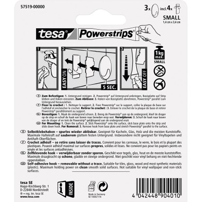 Tesa Samolepilna kljukica Krom Mat Ovalna 3 kosi s 4 x Powerstrips Small