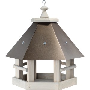 Ptičja hišica z bakreno obarvano kovinsko streho borov les siva