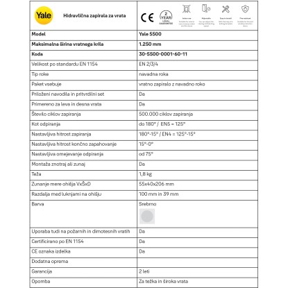 Yale Vratno zapiralo 5500 z navadno roko EN 2/3/4/5 srebrno