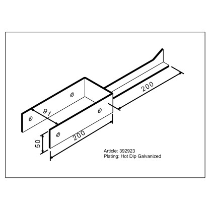 U-jezik stebrička za vgradnjo v beton 200 mm x 91 mm x 50 mm