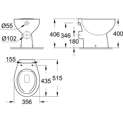 Grohe Bau Keramična stoječa školjka, globok izplakovanje, brez izplakovalnega ro