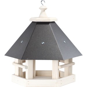 Ptičja hišica s sivo kovinsko streho borov les naravne barve