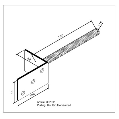 Nosilec stebrička L-oblika Kamniti zatič Vroče cinkan 200 mm x 80 mm x 60 mm