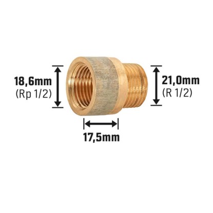 Podaljšek pipe 18,6 mm (Rp 1/2) x 21 mm (R 1/2) Bakrova zlitina 17,5 mm