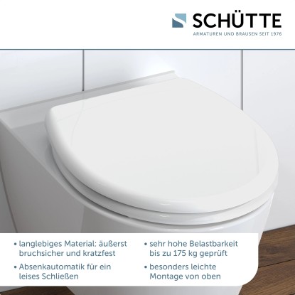 WC-deska Schütte bela duroplast z avtomatskim spuščanjem in hitrim odpenjanjem