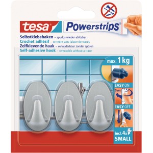 Tesa Samolepilna kljukica Krom Mat Ovalna 3 kosi s 4 x Powerstrips Small