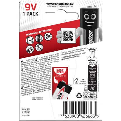 Energizer Max Alkalna baterija E-Block 9 V Pakiranje po 1 kos
