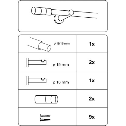 Gardinia Komplet za karniso valj Kreta Ø 16/19 mm 190-340 cm črni