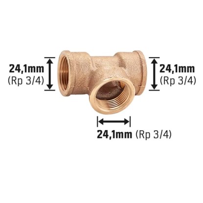 Navojni T-kos 24,1 mm (Rp 3/4) Bakrova zlitina