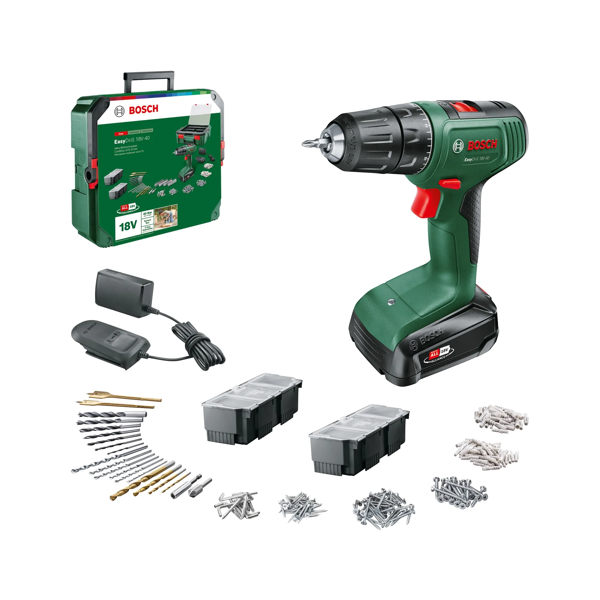 Bosch Aku. vrtalni vijačnik EasyDrill 18V-40 v &scaron;katli s 241 kosi pribora